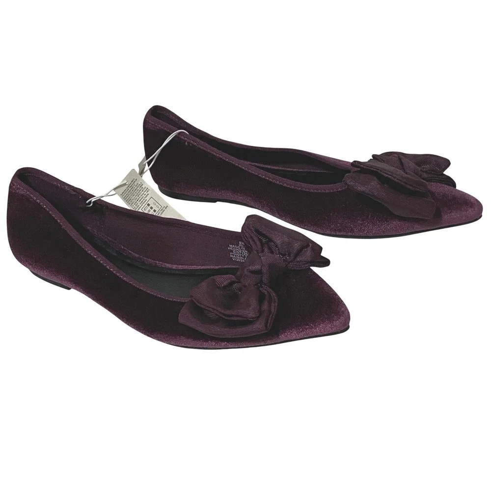 Old Navy Women Velvet Pointy Toe Flats Raisin Arizona Purple Bow Sz 8.5 Coquette